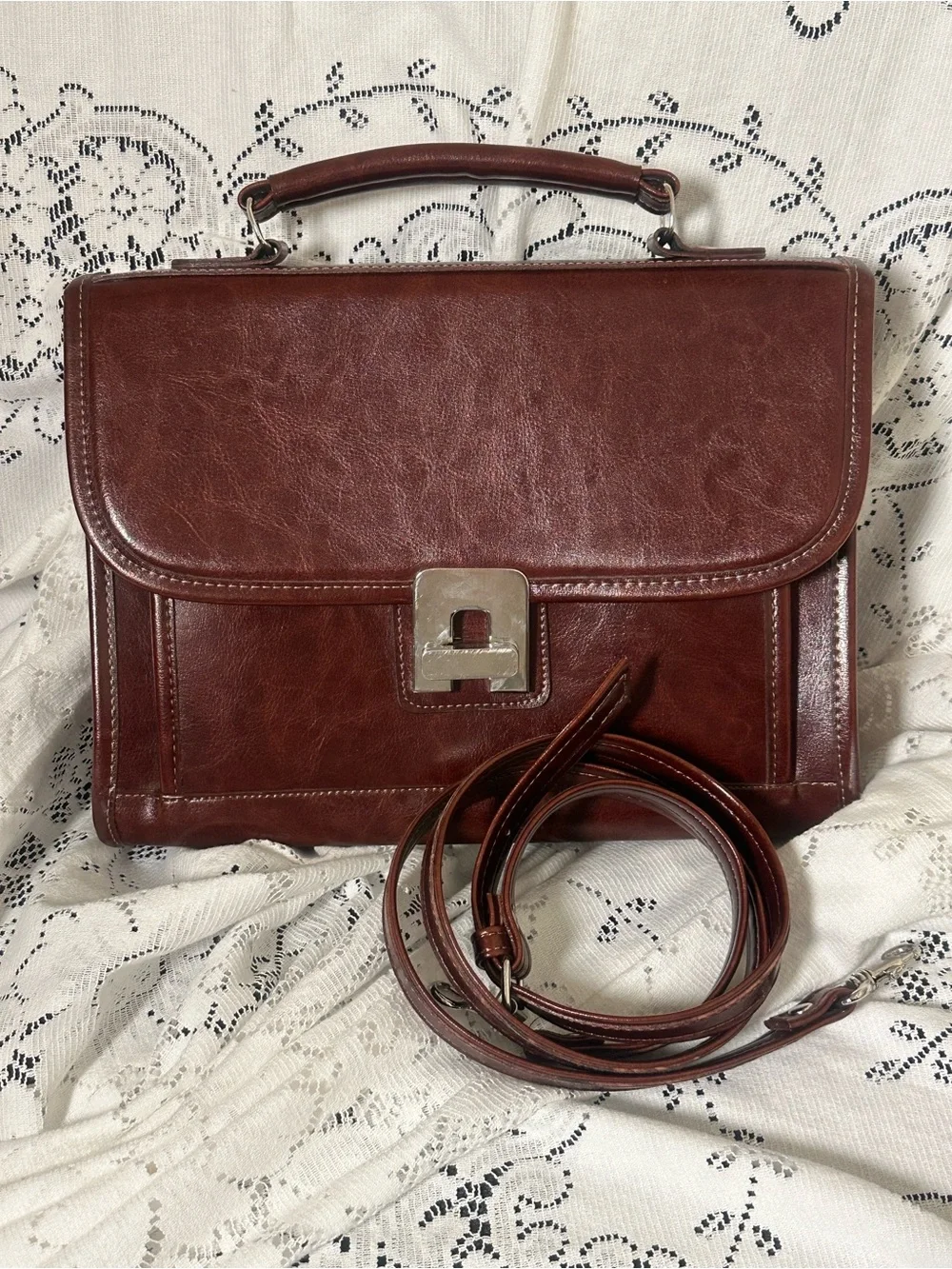 Classic Brown Leather Top-Handle Crossbody Bag